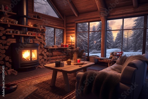 Cozy cabin house, fireplace relax © Vlad