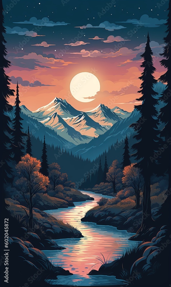 Illustration of woods and mountains with moon light