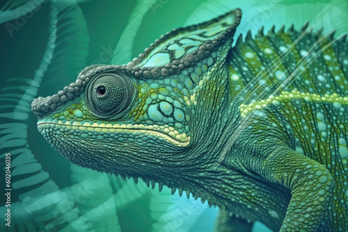 Green colored chameleon close up. Generative AI © Roman