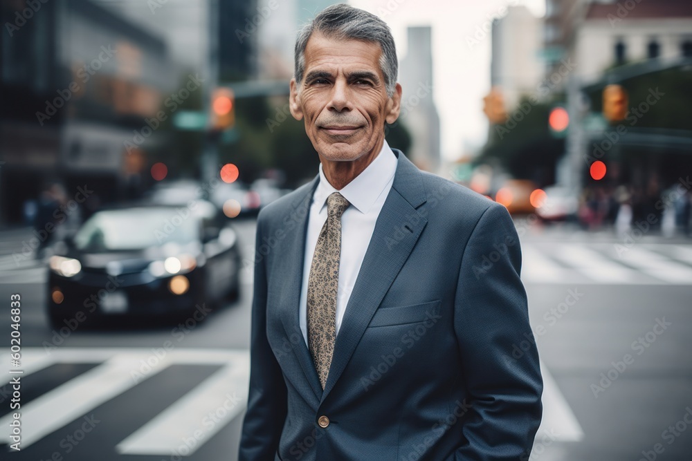 Portrait of mature businessman in suit and tie looking at camera while crossing street in city Portrait of mature businessman in suit and tie looking at camera while crossing street in city