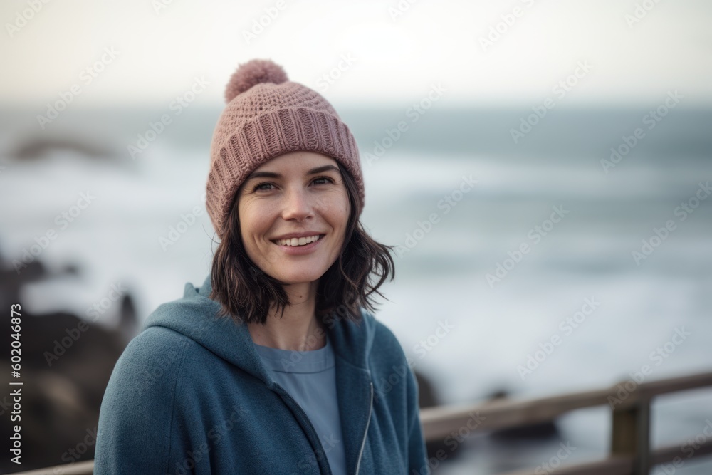 Portrait of smiling young woman looking at camera at beach during winter