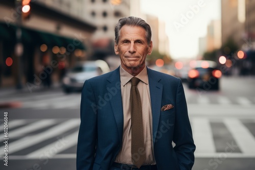 Portrait of confident mature businessman in suit standing in the city street