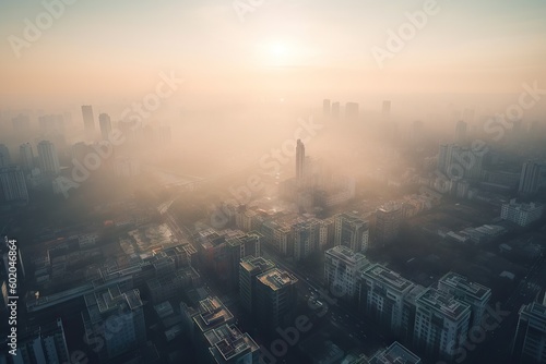 Abstract Blurred city Sunrise Sky Background with Dust, PM 2.5 and air pollution. Generative AI illustrations.