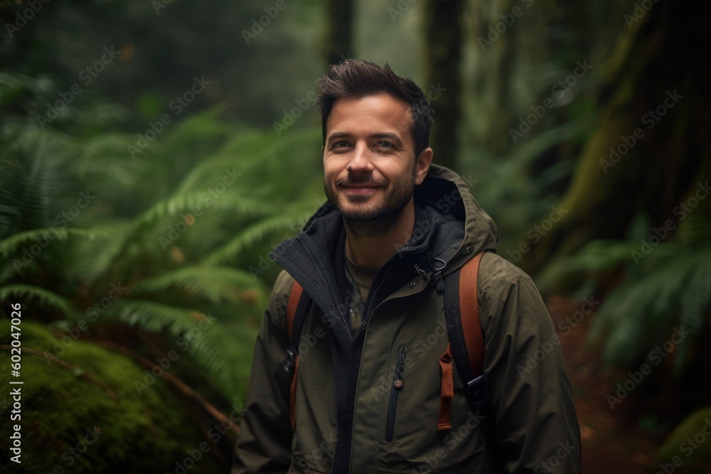 Portrait of a young man with a backpack standing in the rainforest Portrait of a young man with a backpack standing in the rainforest