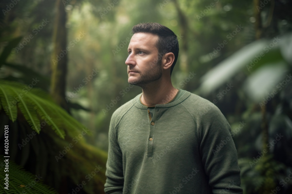 Environmental portrait photography of a satisfied man in his 30s wearing a cozy sweater against a rainforest canopy or treetop background. Generative AI Environmental portrait photography of a satisfied man in his 30s wearing a cozy sweater against a rainforest canopy or treetop background. Generative AI
