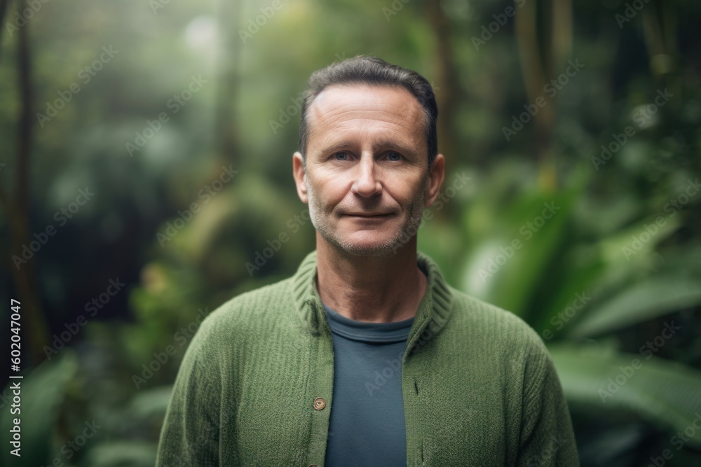 Portrait of a handsome mature man in the rainforest looking at camera Portrait of a handsome mature man in the rainforest looking at camera