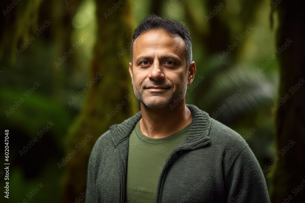 Portrait of a middle-aged man standing in the rainforest Portrait of a middle-aged man standing in the rainforest