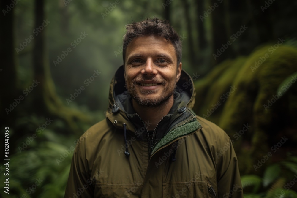 Portrait of a smiling man in the rainforest. Selective focus.