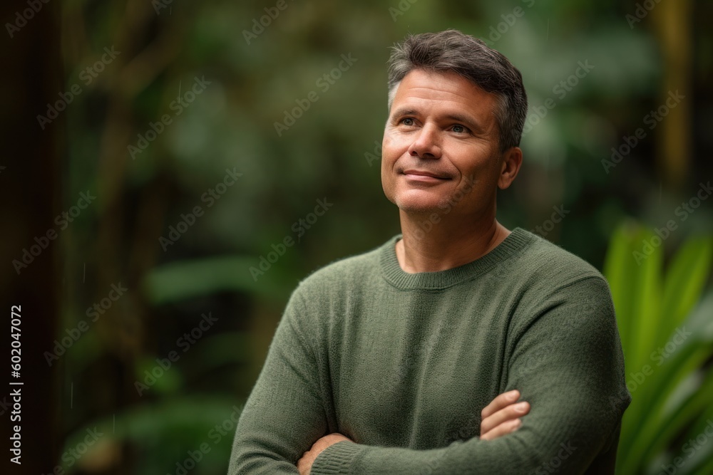 Portrait of handsome mature man with arms crossed in the rainforest