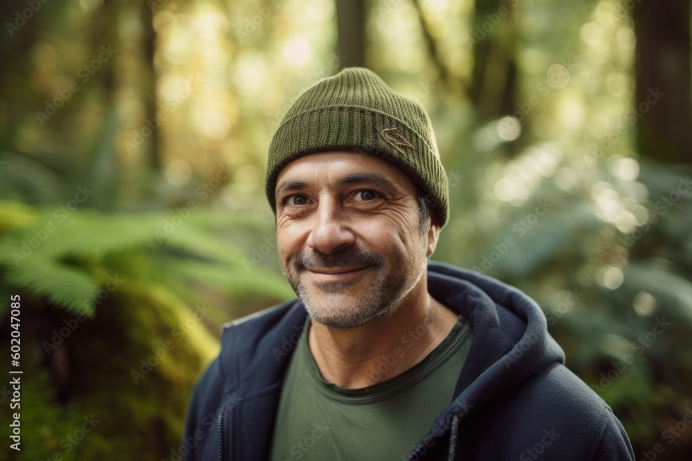 Portrait of smiling man standing in forest. Man wearing hat. Portrait of smiling man standing in forest. Man wearing hat.
