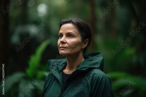Portrait of mature woman in raincoat looking away in rainforest