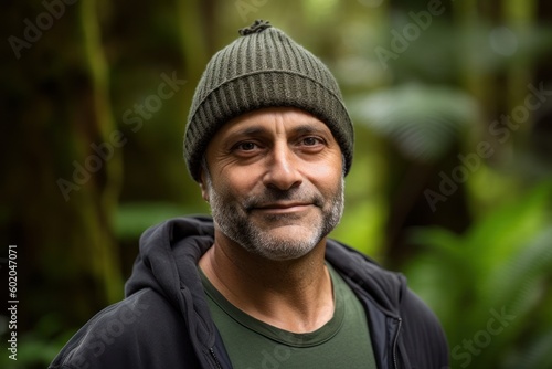 Portrait of smiling man with hat in the rainforest on a sunny day