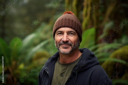 Portrait of smiling man with hat and jacket standing in rainforest