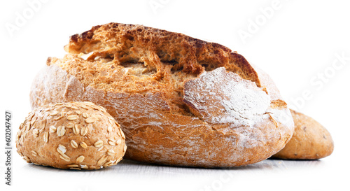 A loaf of bread and rolls isolated on white background