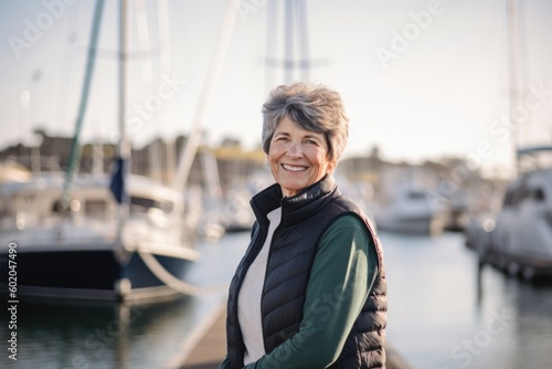Portrait of smiling senior woman standing by yachts in marina