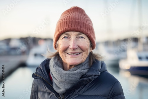 Portrait of smiling senior woman in hat and scarf standing on pier © Robert MEYNER