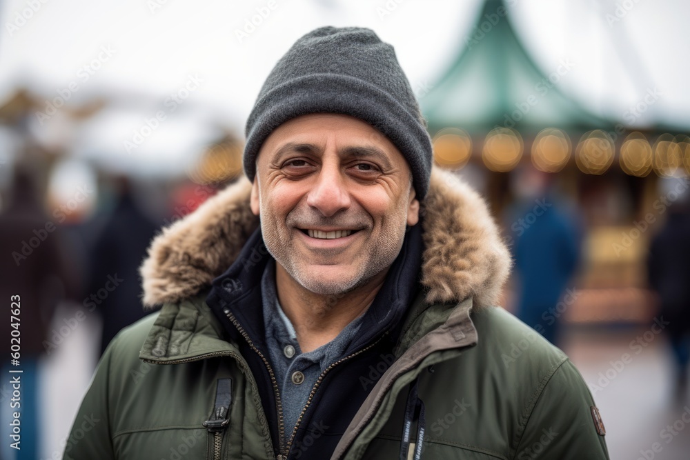 Portrait of a smiling man at the fairground in winter time Portrait of a smiling man at the fairground in winter time