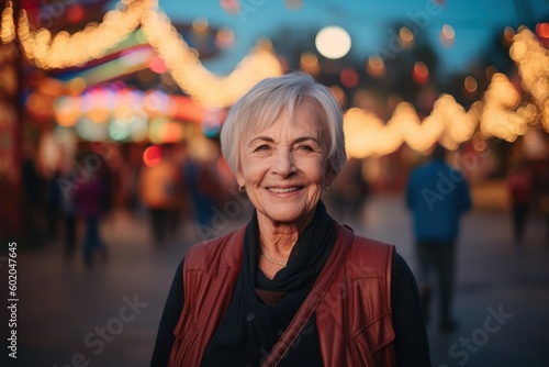 Portrait of a smiling senior woman on the street at Christmas time