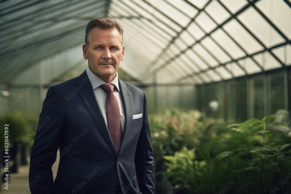Portrait of a confident mature businessman standing outdoors in a greenhouse. Portrait of a confident mature businessman standing outdoors in a greenhouse.