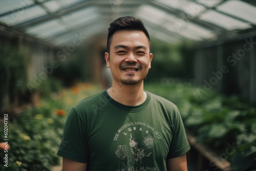 Portrait of a handsome asian man smiling at the camera while standing in a greenhouse