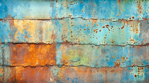 Old metal wall, weathered by time and painted in an abstract mix of blue, green, yellow, and orange, background wallpaper. © Melipo-Art
