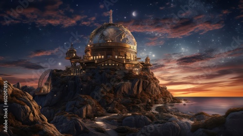 A large astronomical telescope is set up under the enchanting twilight sky, eagerly awaiting the perfect moment for stargazing. Created with Generative AI