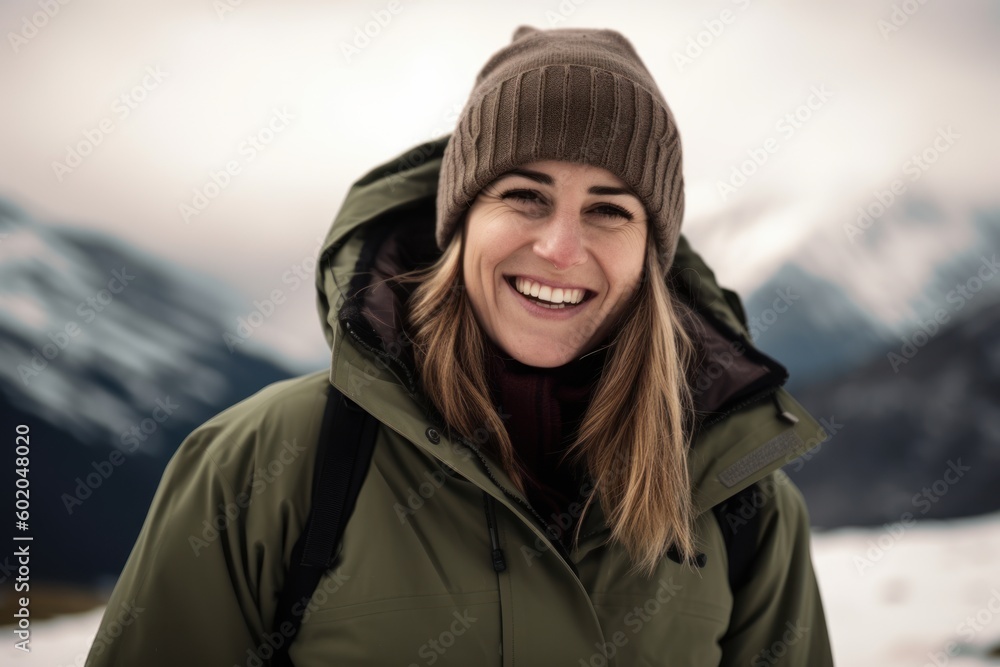Portrait of a smiling young woman in winter clothes on the background of mountains Portrait of a smiling young woman in winter clothes on the background of mountains