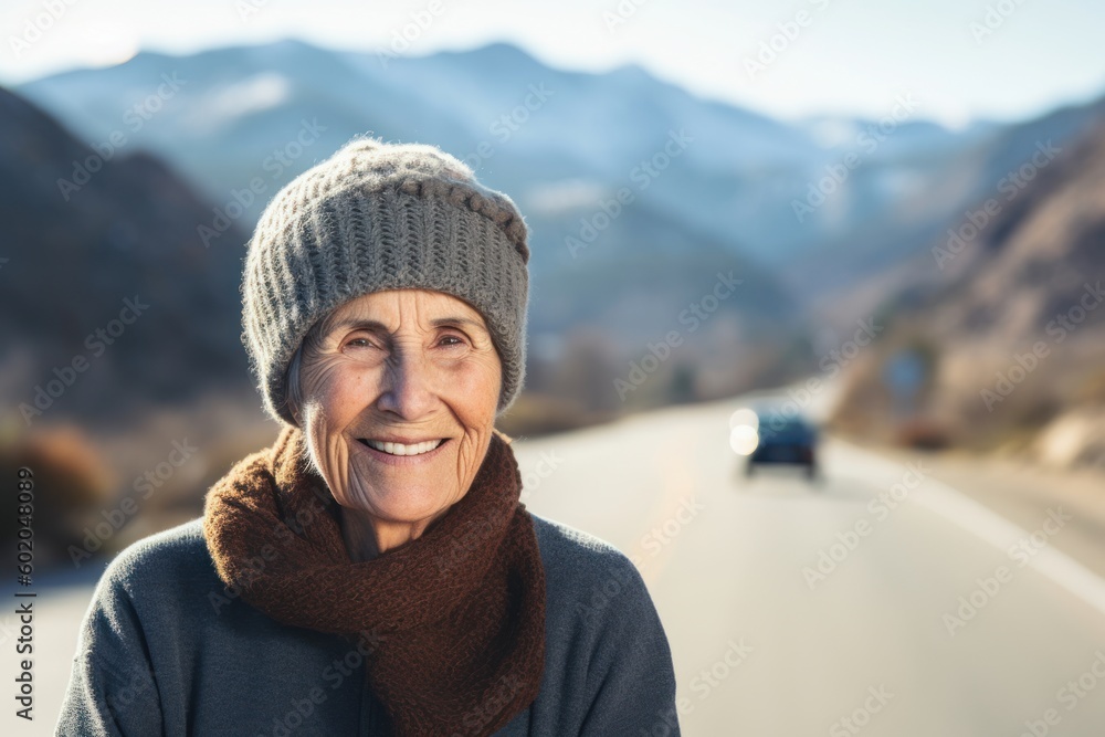 Portrait of happy senior woman standing on highway with mountain in background