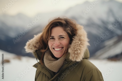 Portrait of a woman in winter clothes on the background of mountains