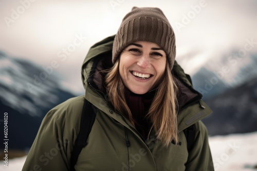 Portrait of a smiling young woman in winter clothes on the background of mountains