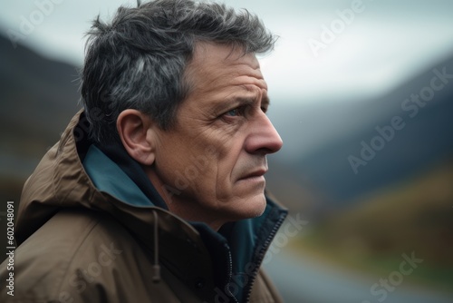 Portrait of a middle-aged man with gray hair, wearing a brown jacket, looking away.