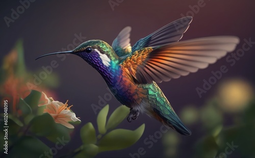 A colourful hummingbird is on a branch with a flower in the background.