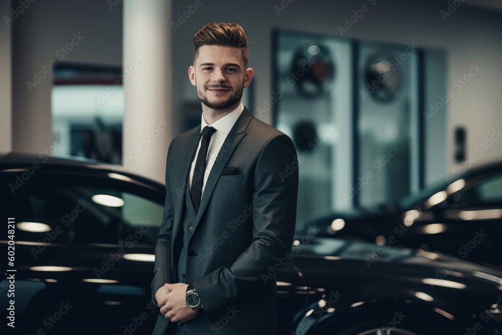 Handsome young man in suit standing near car in showroom Handsome young man in suit standing near car in showroom