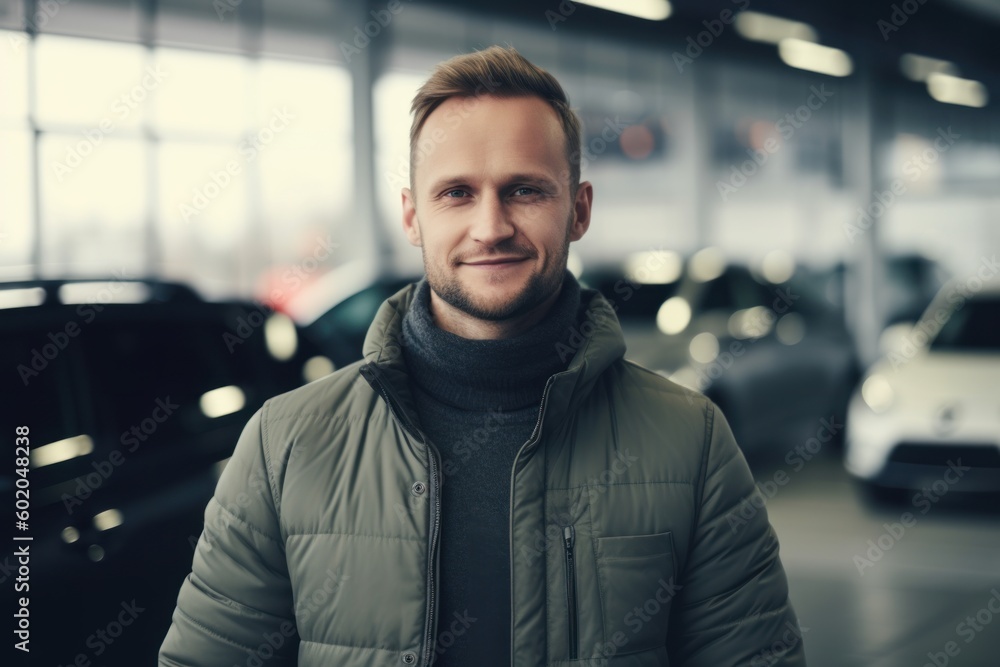 Handsome young man standing in car showroom, looking at camera. Handsome young man standing in car showroom, looking at camera.