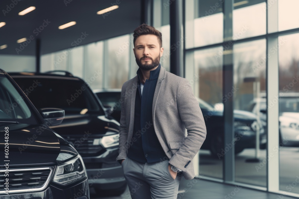 Fototapeta premium Handsome bearded man is standing near the car in the car dealership.