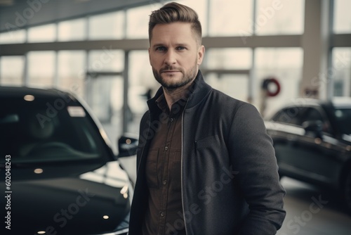 Handsome young man in suit is standing near the car in showroom.