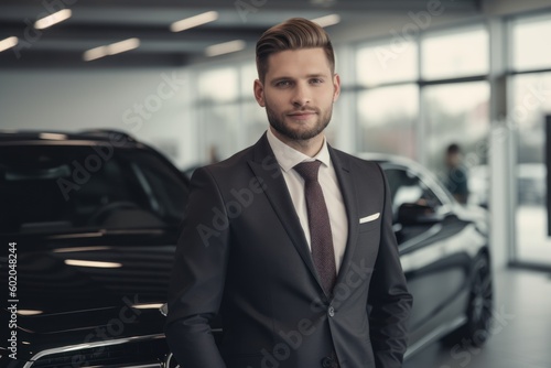 Handsome young man in suit is looking at camera and smiling while standing near car in showroom © Robert MEYNER