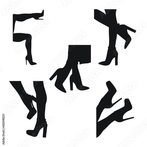 Set black silhouette of female legs in a pose. Shoes stilettos, high heels. Walking, standing, running, jumping, dance