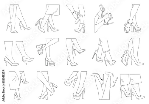 Drawing sketch outline silhouettes of female legs. Shoes stilettos, high heels. Walking, standing, running, jumping, dance