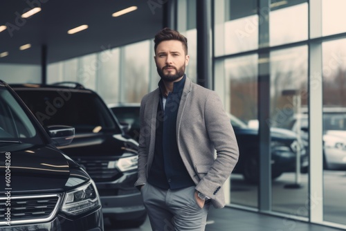 Handsome bearded man is standing near the car in the car dealership.
