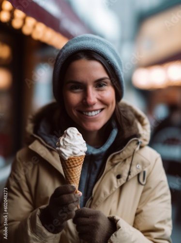 Medium shot portrait photography of a satisfied woman in her 30s wearing a warm parka against an ice cream parlor or sweet treat background. Generative AI