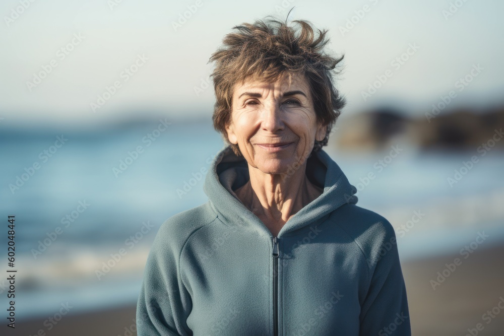 Portrait of smiling senior woman standing on beach by the sea. Portrait of smiling senior woman standing on beach by the sea.