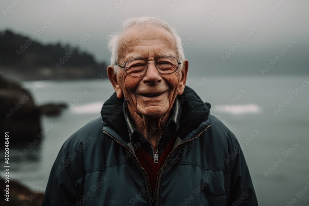Portrait of happy senior man standing by the sea and looking at camera