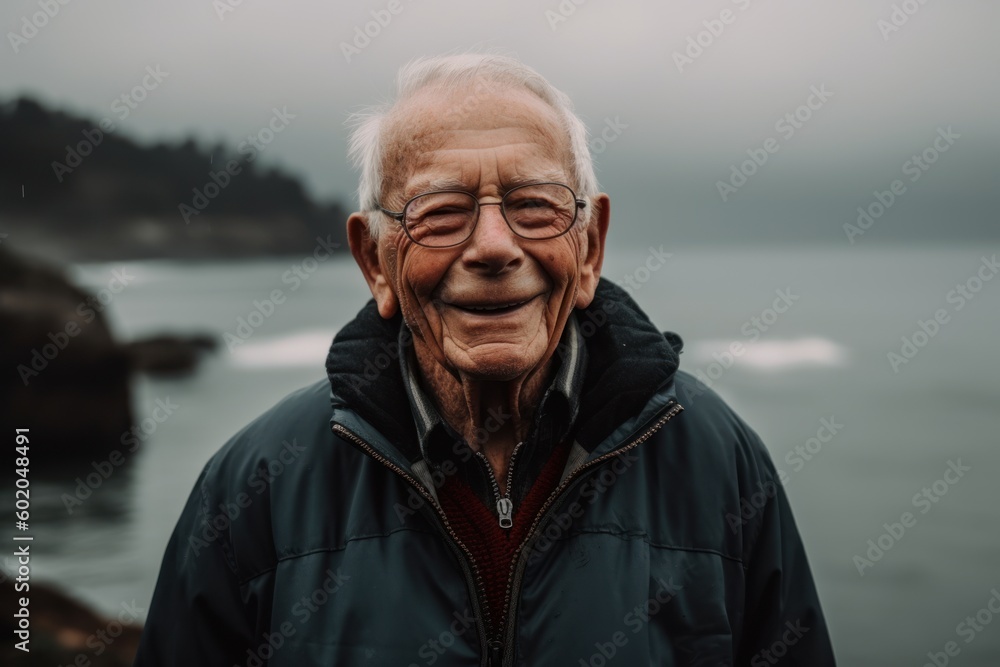 Portrait of happy senior man standing by the sea and looking at camera Portrait of happy senior man standing by the sea and looking at camera