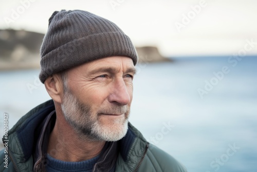 Portrait of senior man with hat looking away on beach in winter