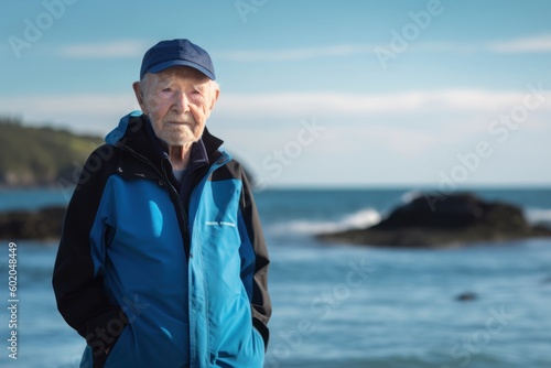 Senior man in blue jacket and cap standing on beach and looking at camera © Robert MEYNER