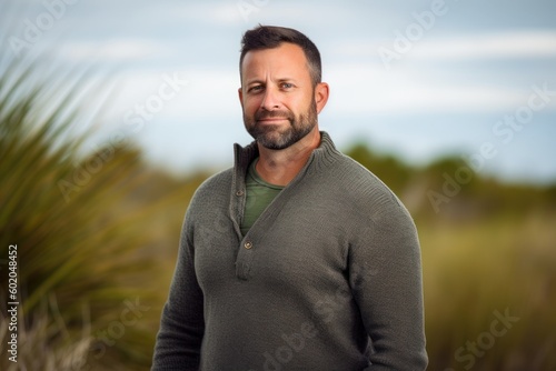 Handsome man wearing a grey pullover standing in a field.