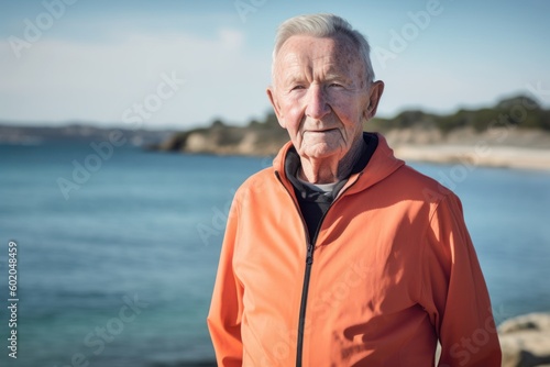 Senior man in orange jacket standing by the sea, looking at camera © Robert MEYNER