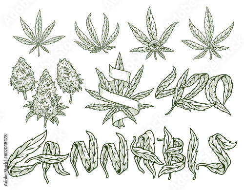 Cannabis herb set sticker monochrome