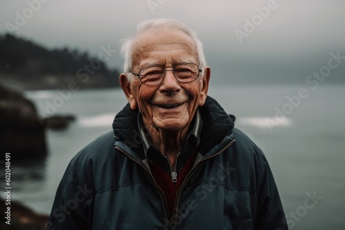 Portrait of happy senior man standing by the sea and looking at camera © Robert MEYNER